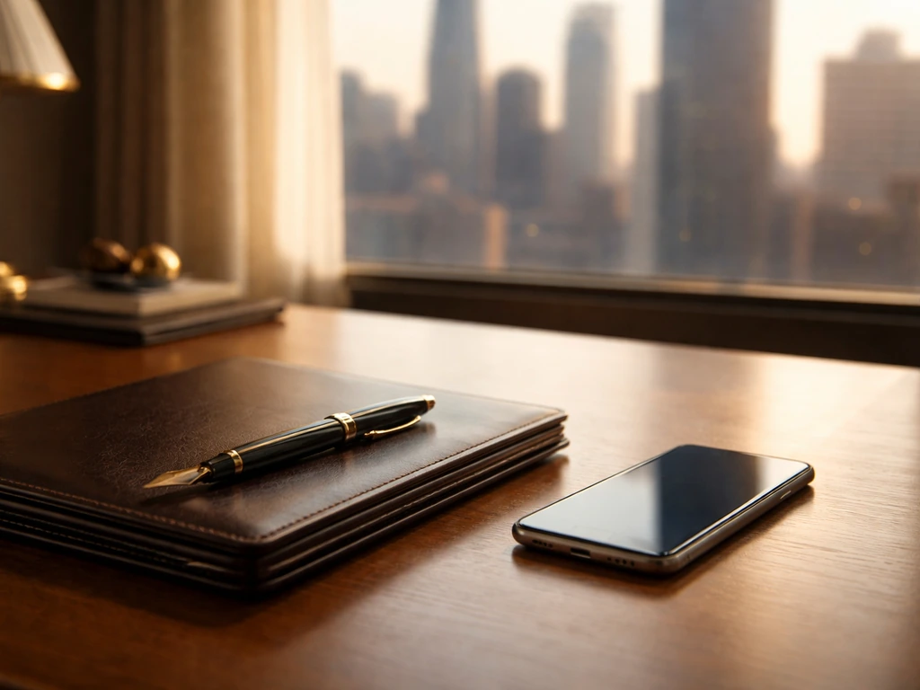 Business office desk with pen and portfolio, warm light and a blurred city view, no people.
