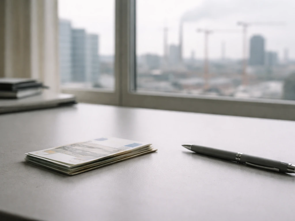 Minimal office desk with euros and a blurred city skyline, evoking Balkans business and estimated net worth context.