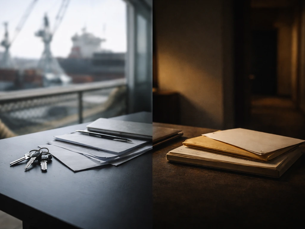 Split tabletop scene: shipyard cues and documents on one side, shadowy envelopes and ledger on the other.