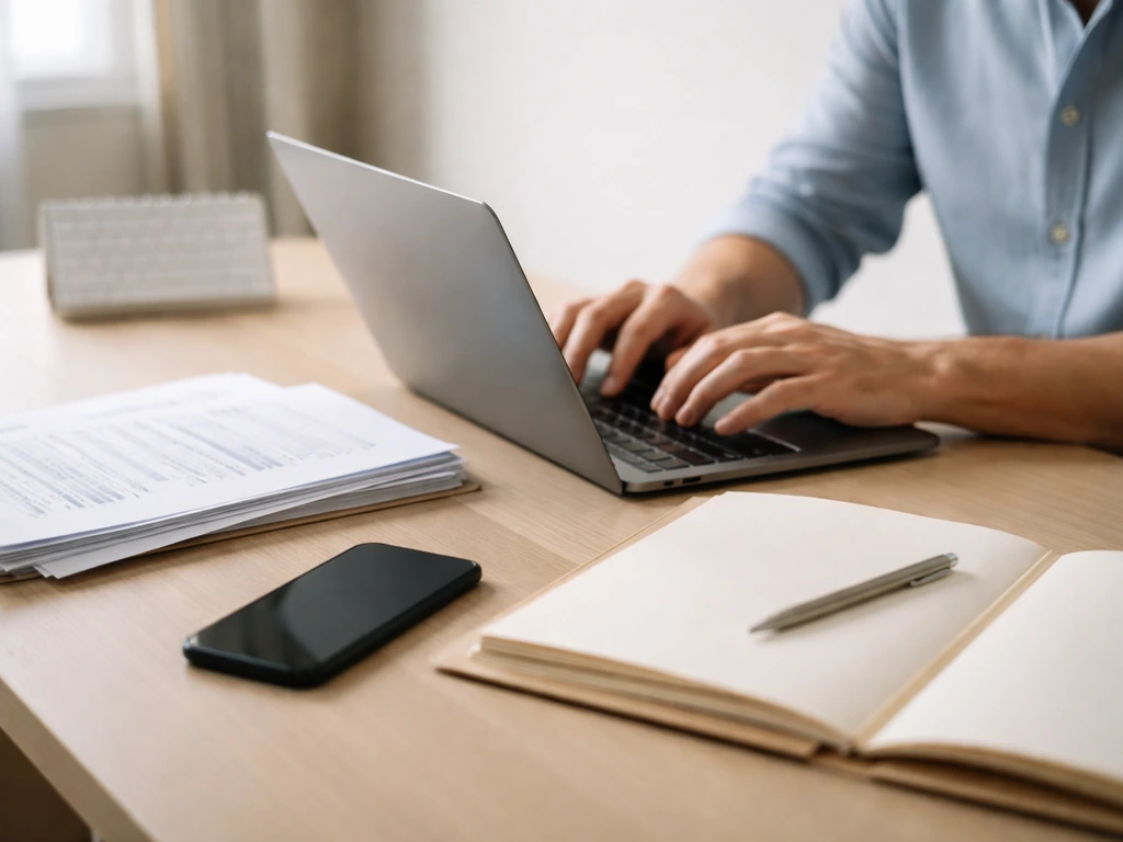 Minimal office scene with laptop, papers, and a smartphone showing finance research on a plain, unbranded desk.