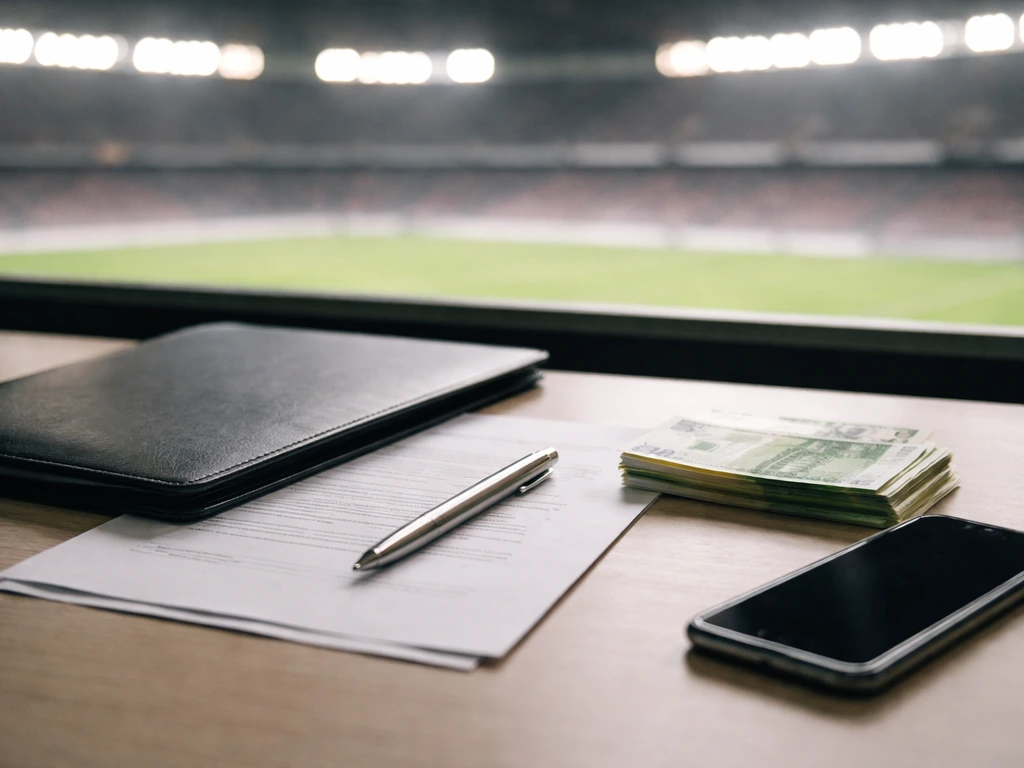 Desk with a football contract folder, pen, euro cash, and blurred stadium lights in the background.