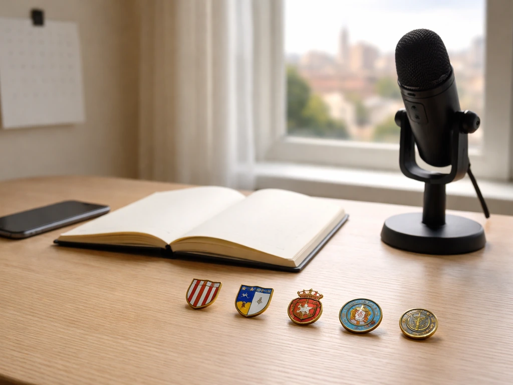 Minimal desk scene with microphone and four blank milestone tokens suggesting club phases and earning power.