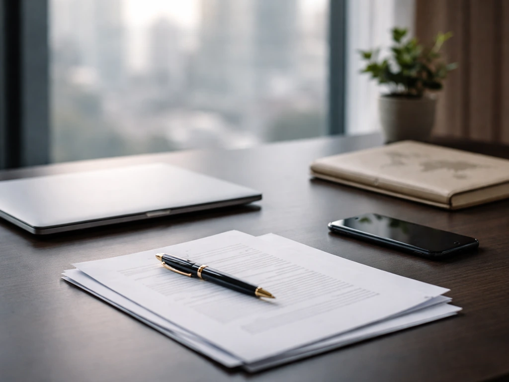 Minimal business desk with laptop, phone, documents, and city view—symbolic of executive profile analysis.