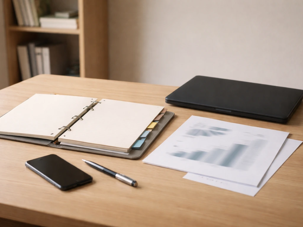 Minimal desk scene with an open binder of financial documents and a laptop showing annual report browsing