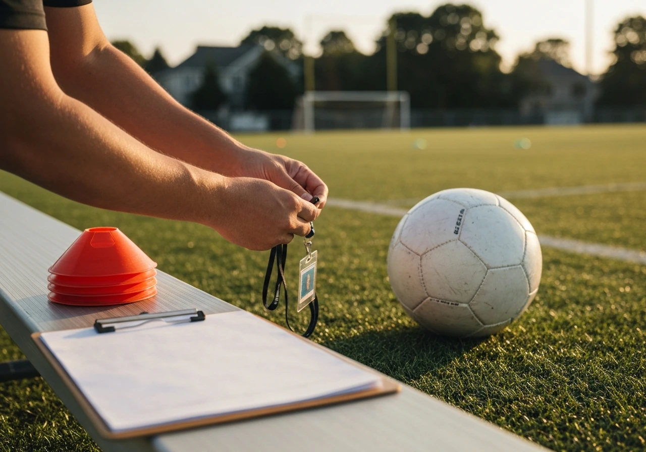 Hands tying a youth soccer coach lanyard beside a ball, cones, and a clipboard on a quiet field.