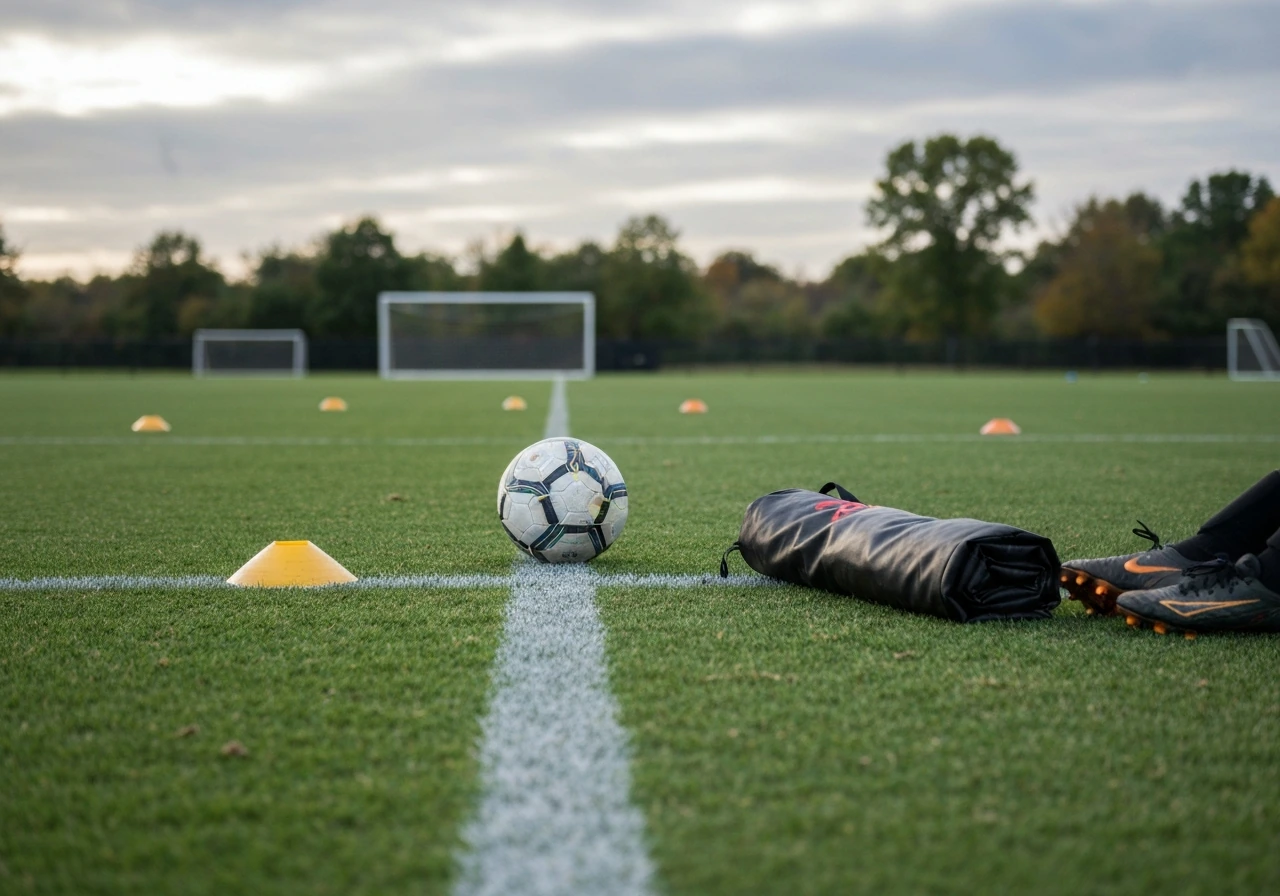 Youth soccer practice scene on a Connecticut field with a ball and training gear near the sideline.