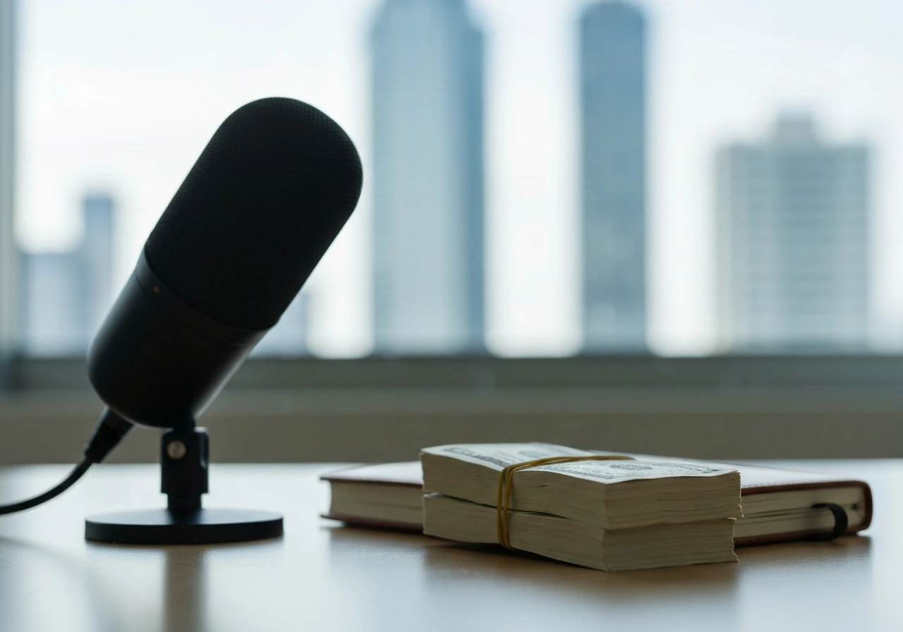 Minimal desk scene with a microphone, notebook, and cash bundle, evoking financial estimation without showing any person
