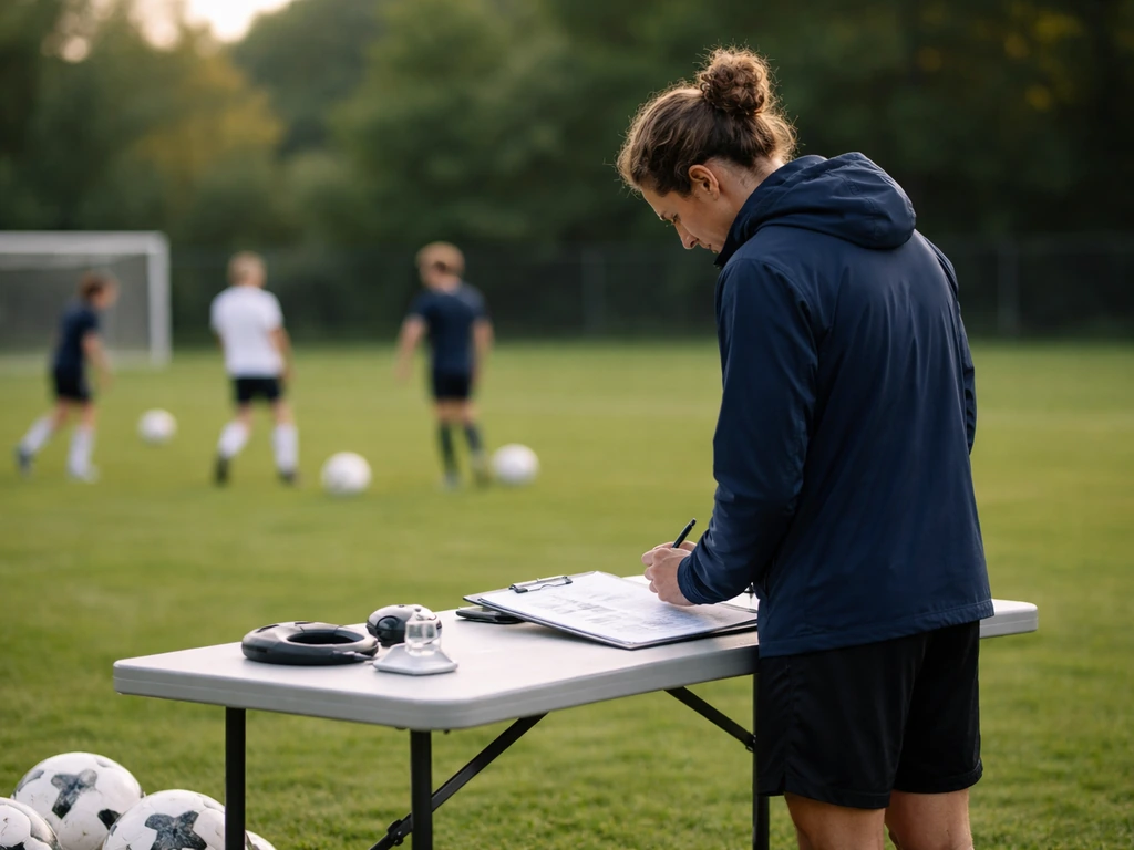 Youth soccer coaching director reviewing training plans at a field with players practicing in the background.