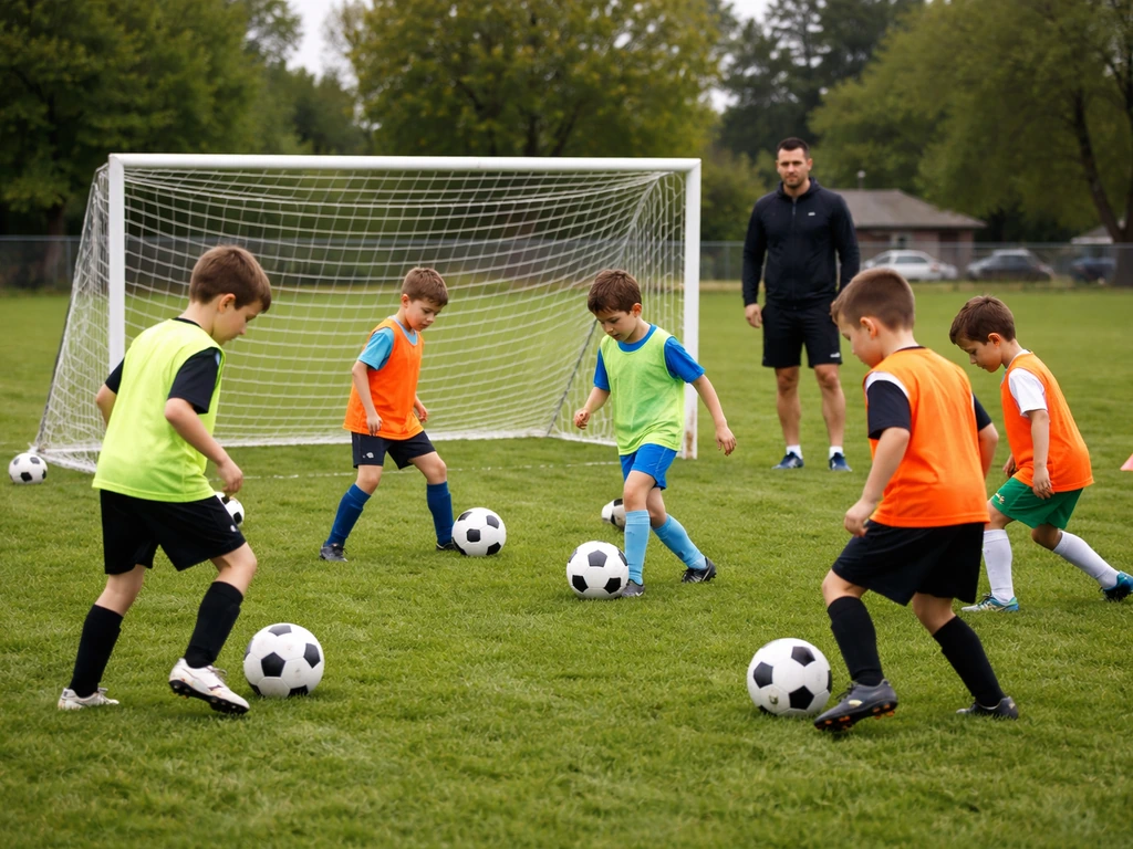 Kids in soccer training on a small academy field with cones, balls, and a simple goal in view.