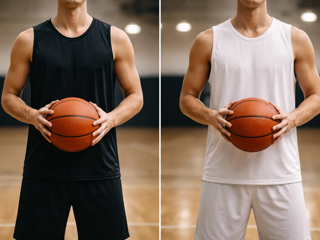 Split-style minimal photo of two anonymous basketball players standing side by side on a court.