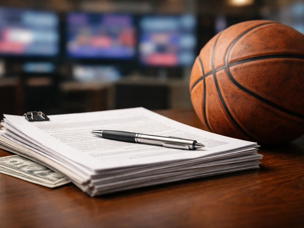 Close-up of basketball contract papers and a basketball with a blurred sports newsroom backdrop.
