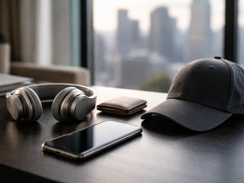 Minimal luxury desk with smartphone, headphones, wallet, and cap by a window, suggesting endorsements and wealth.