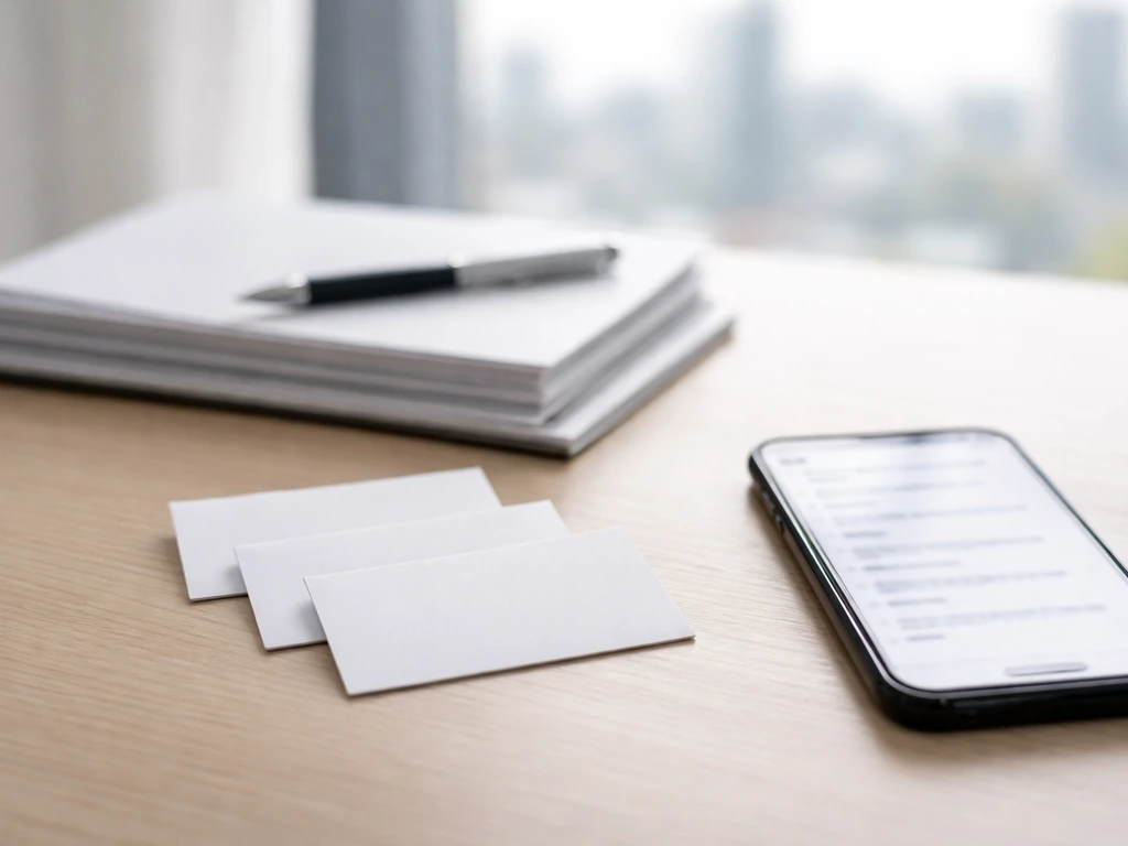 Minimal office desk with layered blank name cards, generic documents, and blurred phone results.