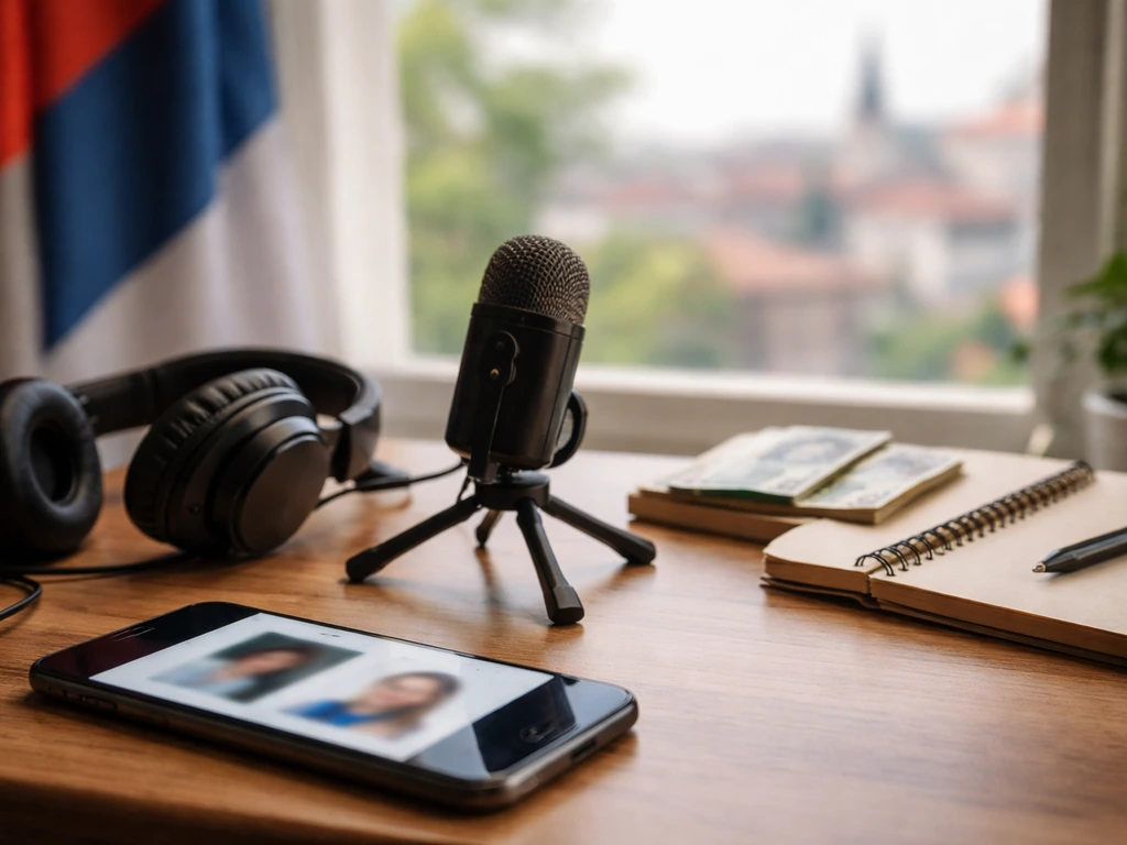 Minimal scene with a Serbian-themed media setup and financial symbols suggesting disambiguation context