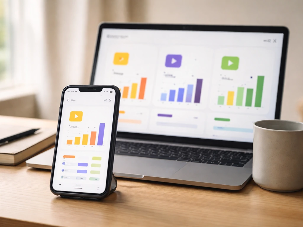 Closeup of a smartphone and laptop beside a notebook showing a generic creator dashboard screen