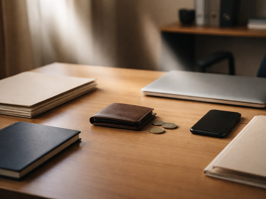 Office desk with folders and coins, symbolic convergence toward wealth research, no text or numbers.