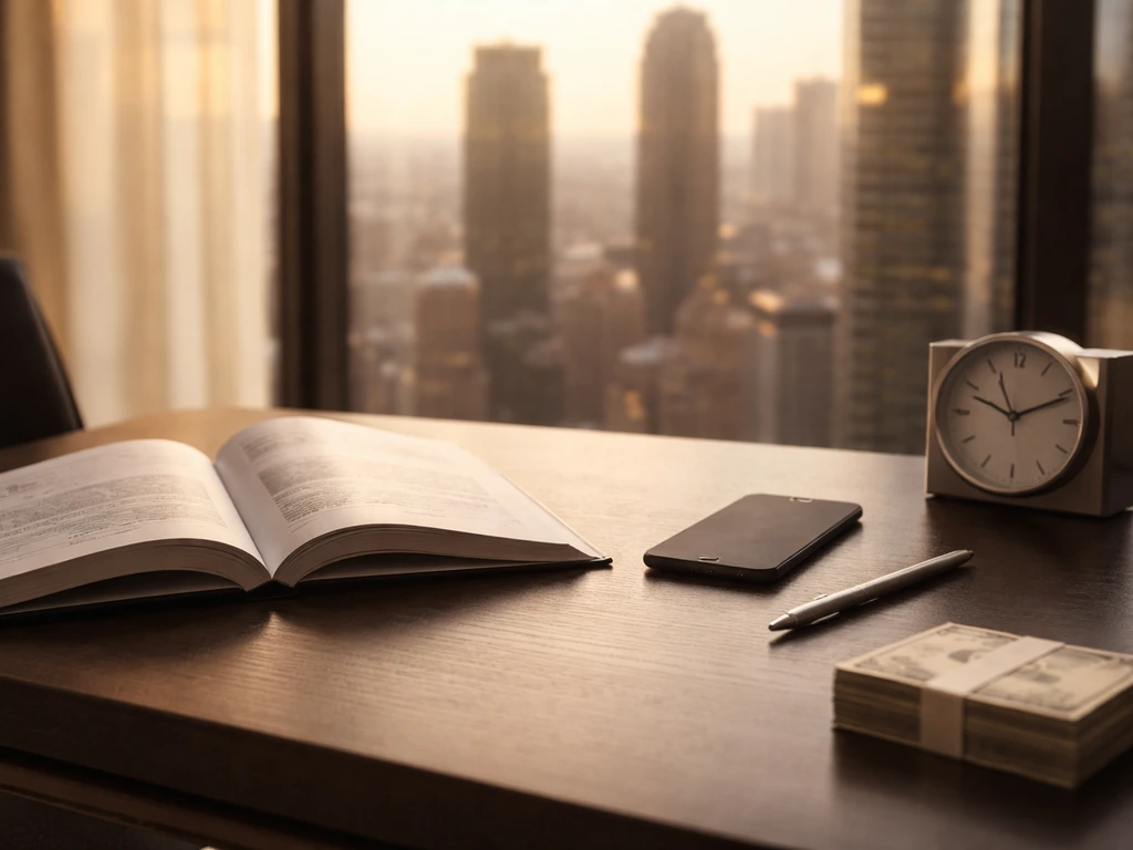 Sunlit modern office desk with luxury items symbolizing business wealth and media ownership