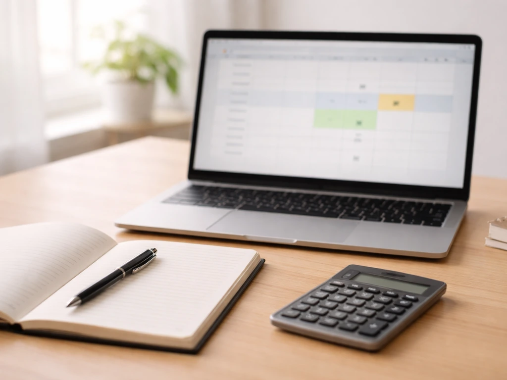 Close-up desk scene with a laptop showing a blurred finance spreadsheet grid and multipliers.