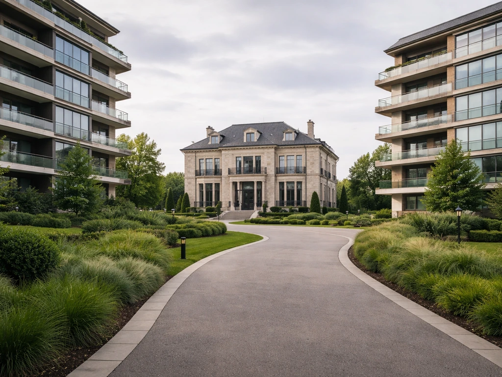 Three upscale residential buildings in a quiet landscaped courtyard, no people, realistic real-estate scene.
