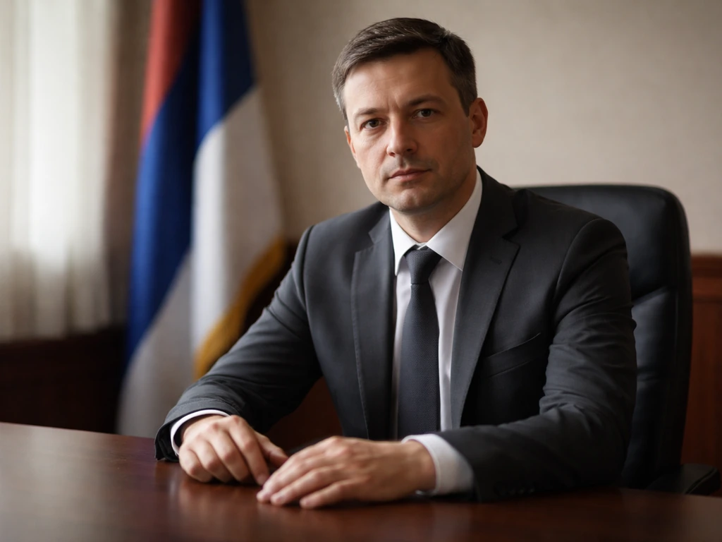Anonymous businessman in a government-style office with a blurred flag backdrop suggesting Kosovo Serb politics