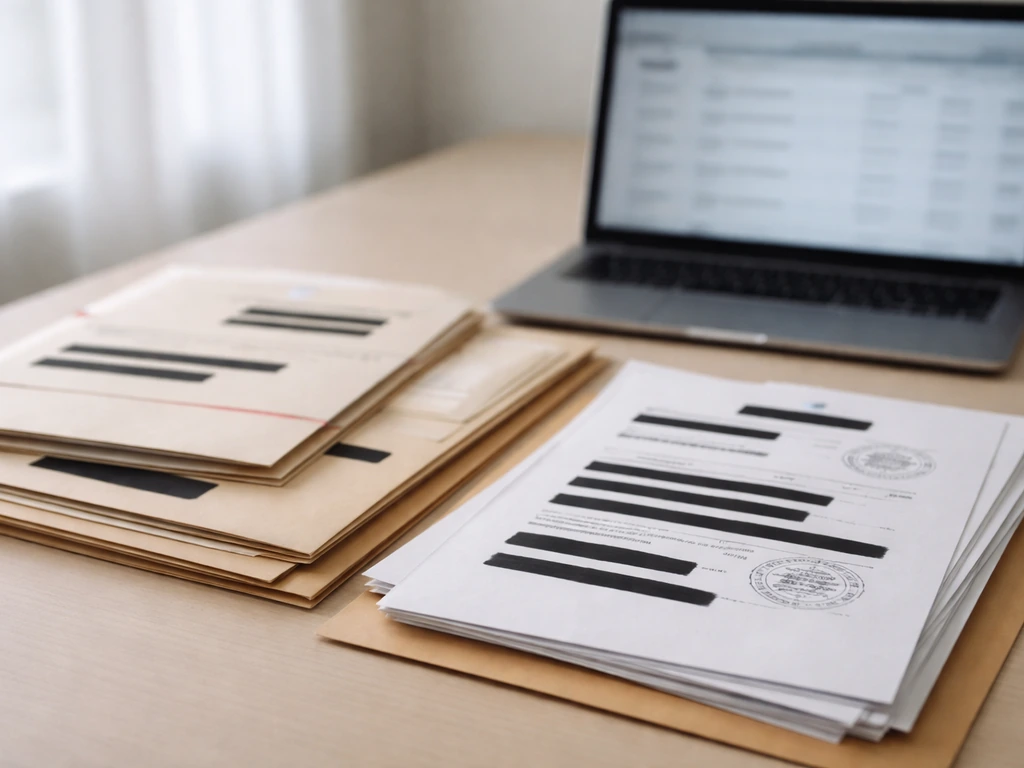 Redacted paper documents and a laptop on a desk suggesting aggregation of public records.