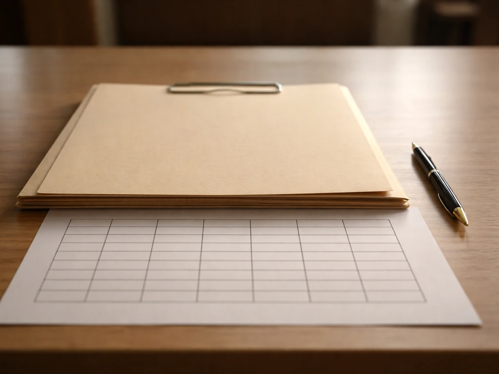 Close-up of an official folder and a blank asset-register style table metaphor on a wooden desk.