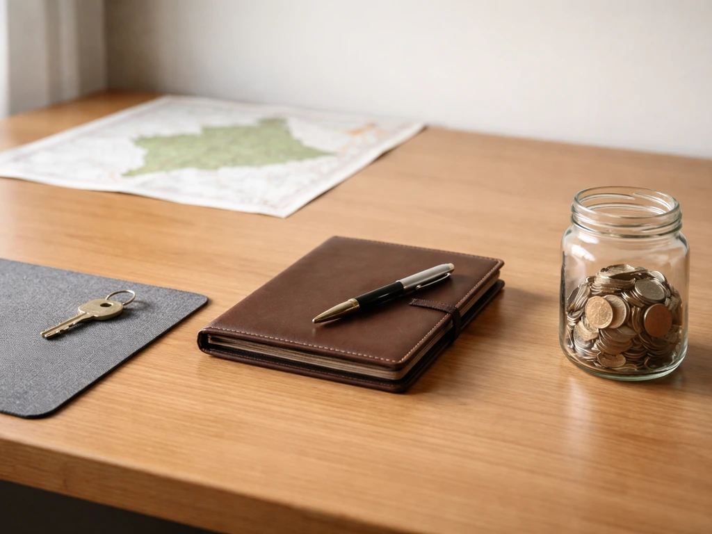 Minimal desk scene with a map and three objects symbolizing real estate, business, and investment categories.