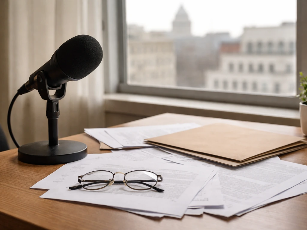 Anonymous politician-focused media desk scene with microphone and documents, symbolizing public profile analysis