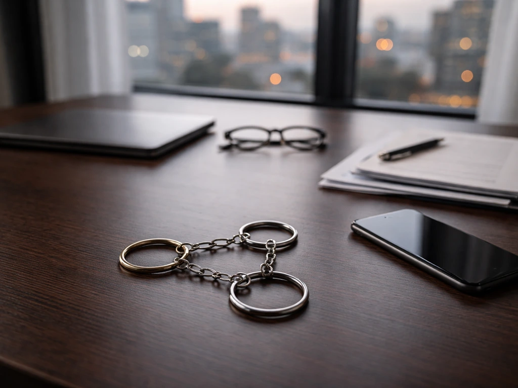 Minimal desk scene with business items and abstract connected keychains suggesting a wealth network.