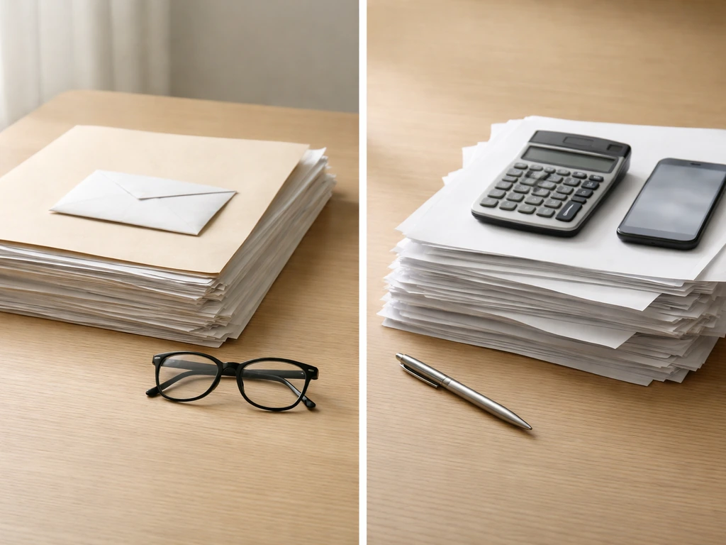 Split-screen style photo of two desk setups with documents and a smartphone showing different money figures