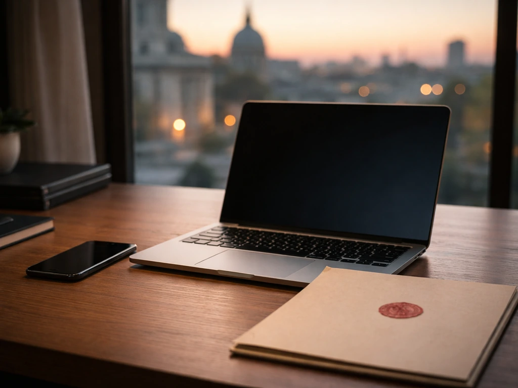 Minimal business desk scene with laptop and smartphone, symbolizing verification of a wealth estimate.
