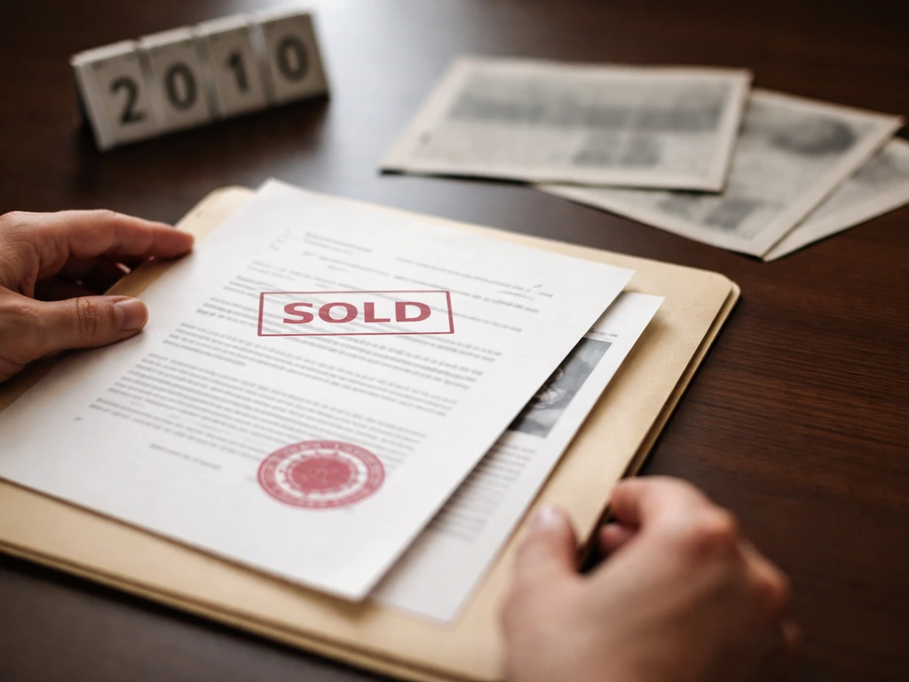 Anonymous hands placing a notarized sale document on a folder with blurred media clippings and a 2010 timeline cue.