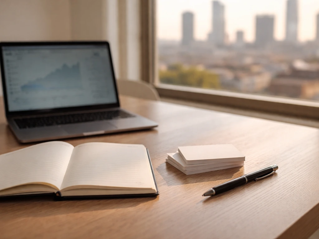 Minimal investment desk with blank memo cards, notebook, and laptop in natural light.