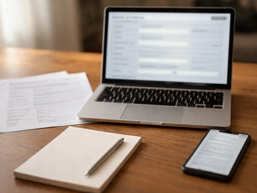 Blurred laptop and phone beside printed corporate filings on a desk for checking conflicting business figures.