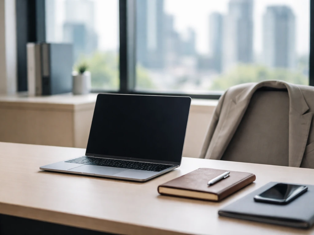 Minimal photo of a business executive office desk with laptop, pen, and a neutral blazer jacket, symbolizing a net worth