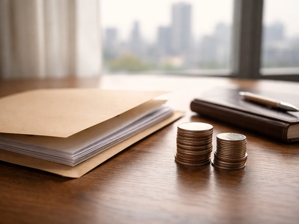 Minimal photo of a small financial folder and coin stack on a desk, symbolizing a net-worth estimate range.