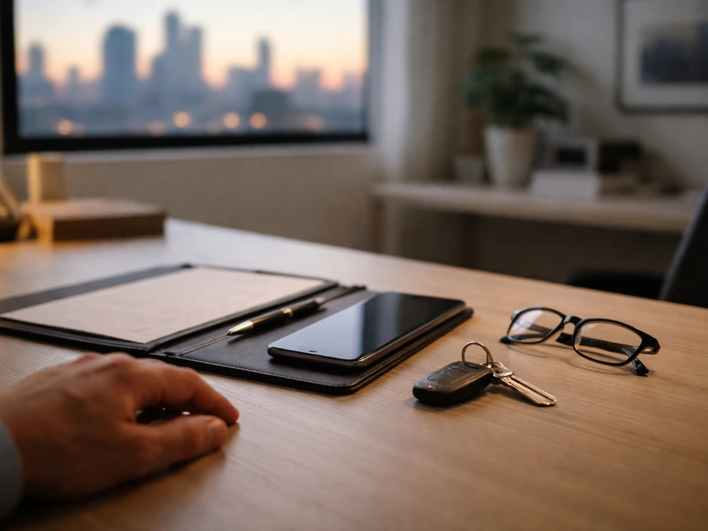 Minimal office desk with smartphone and warm wallet-like folder symbolizing founder equity in a human imaging company.