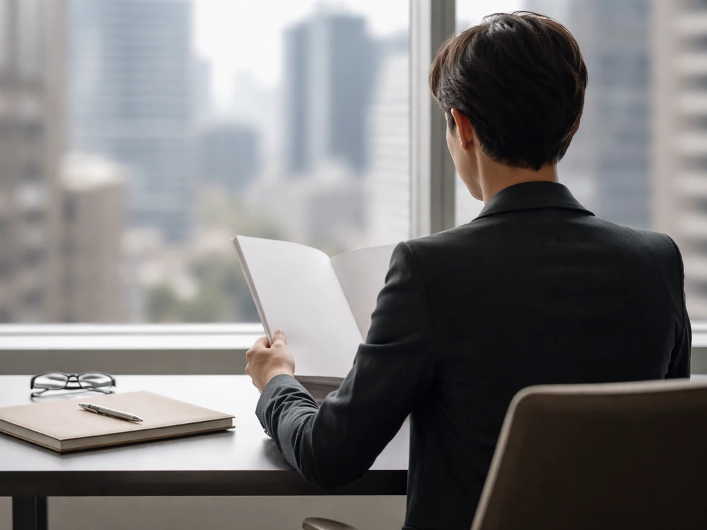 Anonymous executive reviewing an annual report at a minimalist desk in a modern office.