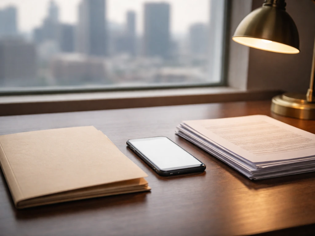 Minimal office desk with documents and a smartphone, symbolizing evaluating reliable financial sources.