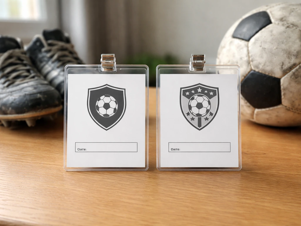 Two football identity cards side by side on a wooden table with boots and a football nearby.