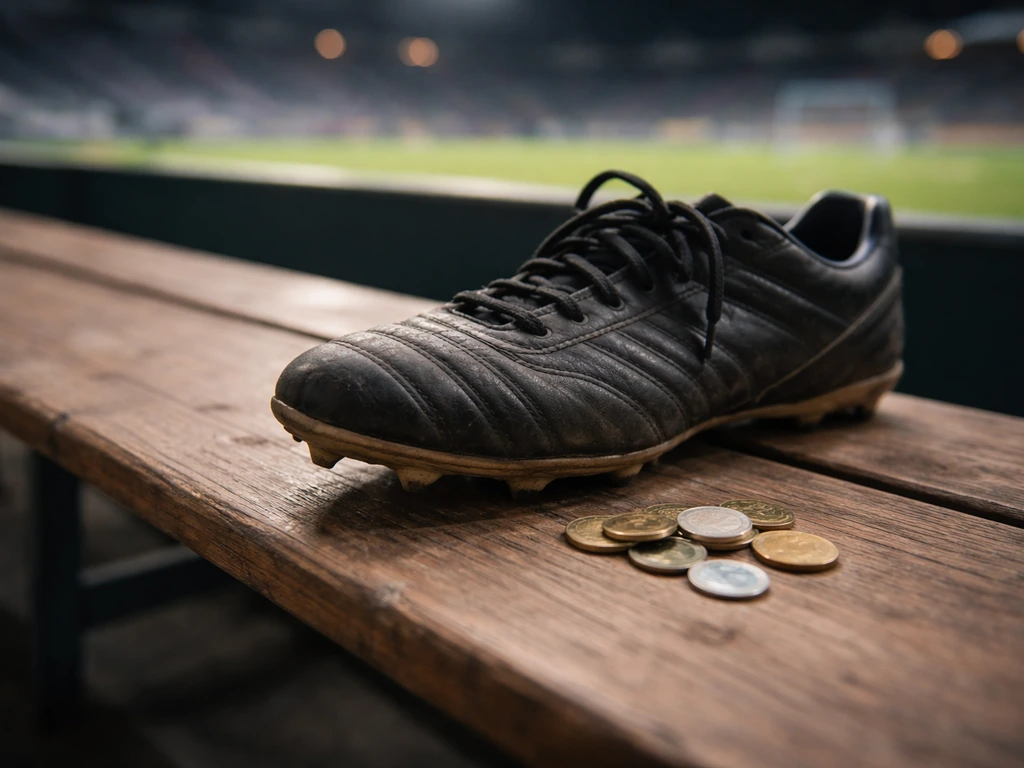 Close-up of a football boot on a stadium bench with a few coins nearby, symbolizing career earnings.