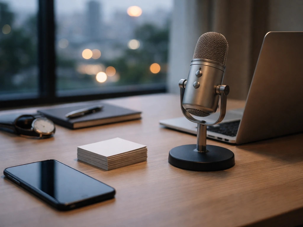 Minimal office desk scene with a microphone, smartphone, and laptop suggesting post-retirement business media work.