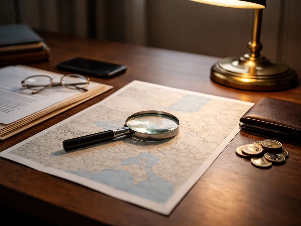 Magnifying glass over an unlabeled map on a desk with documents and coins, symbolizing wealth research.