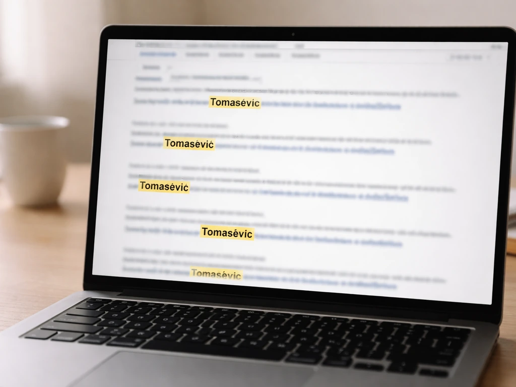 Laptop on a desk showing search results with surname spelling variants highlighted.