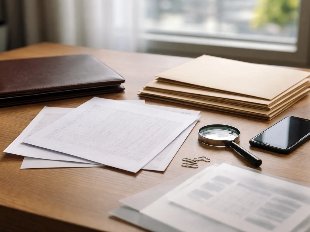 Minimal desk with layered documents, a smartphone, and a magnifying glass suggesting source cross-checking