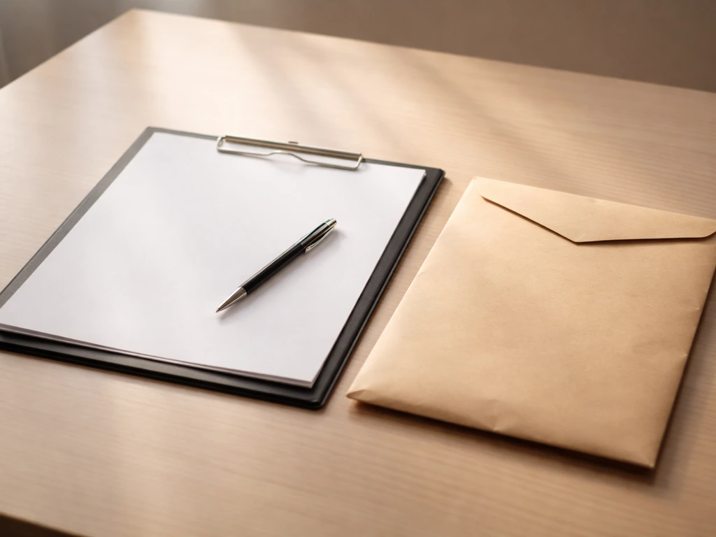 Minimal desk scene with a contract folder, pen, and a single sealed envelope suggesting income streams