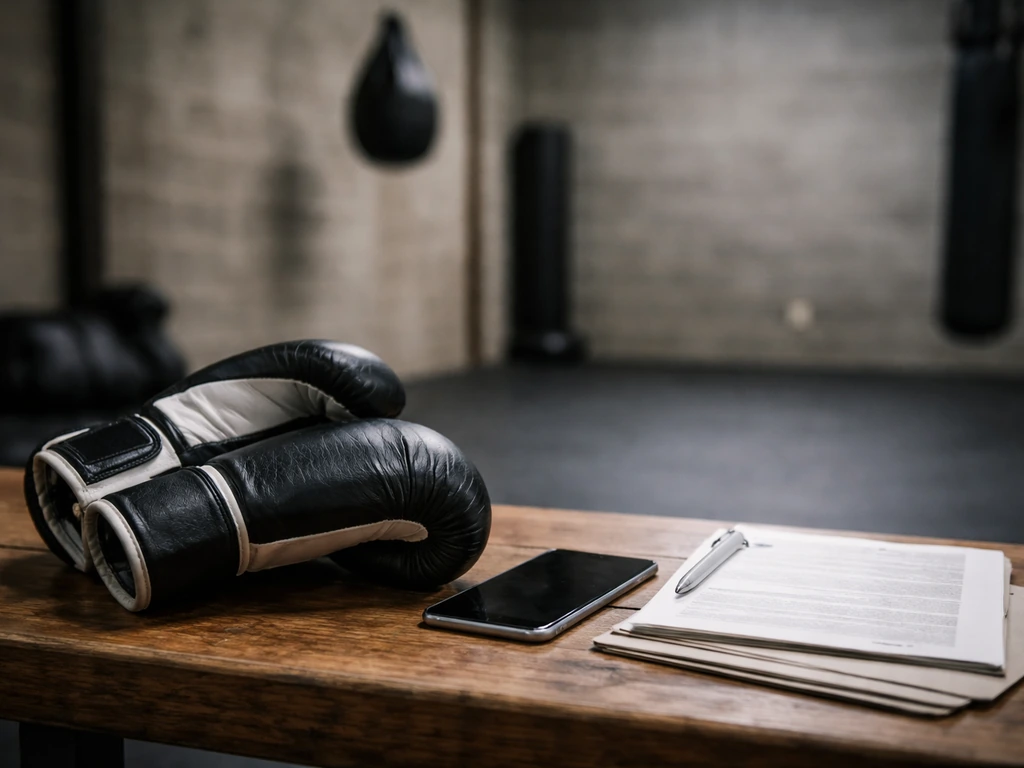 MMA gym bench with gloves and documents beside a phone, symbolic of verifying net worth.