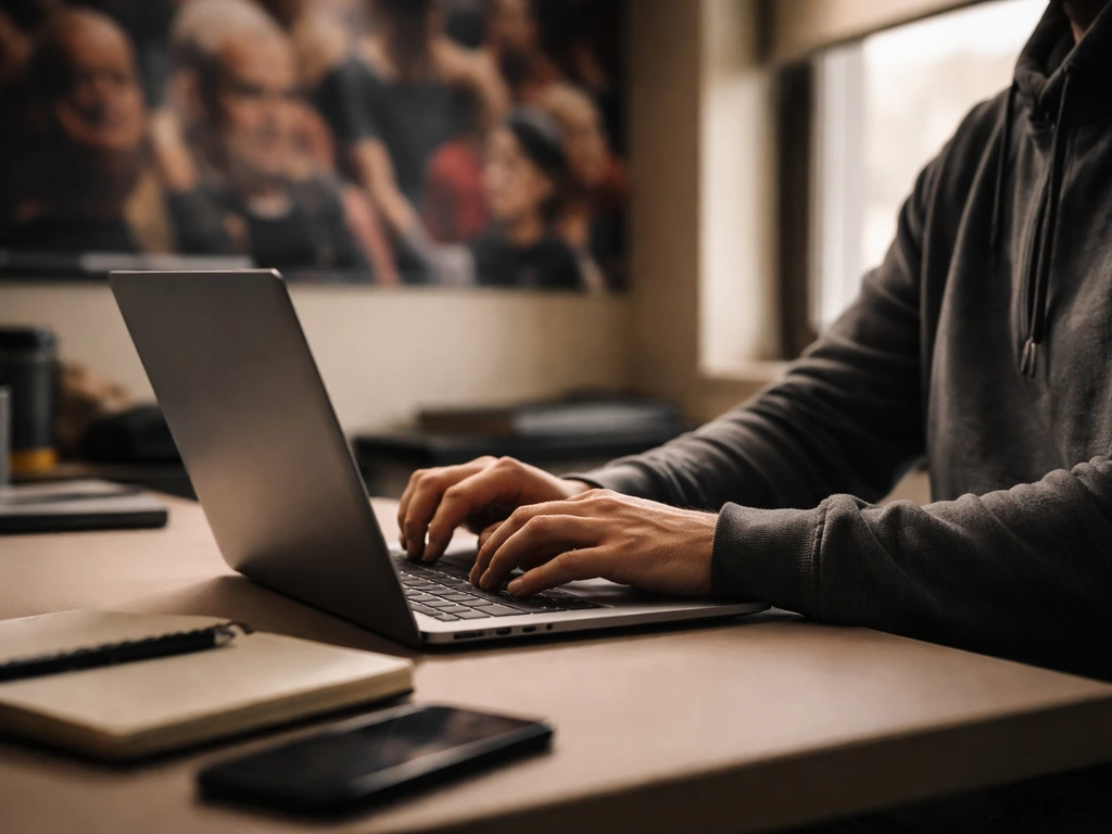 Anonymous MMA media analyst reviewing fighter profile in a quiet studio office
