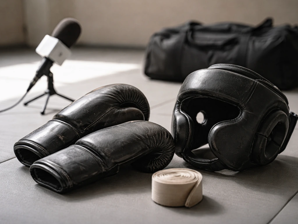 Mixed MMA and boxing training gear beside a mic stand, suggesting fight-related income streams