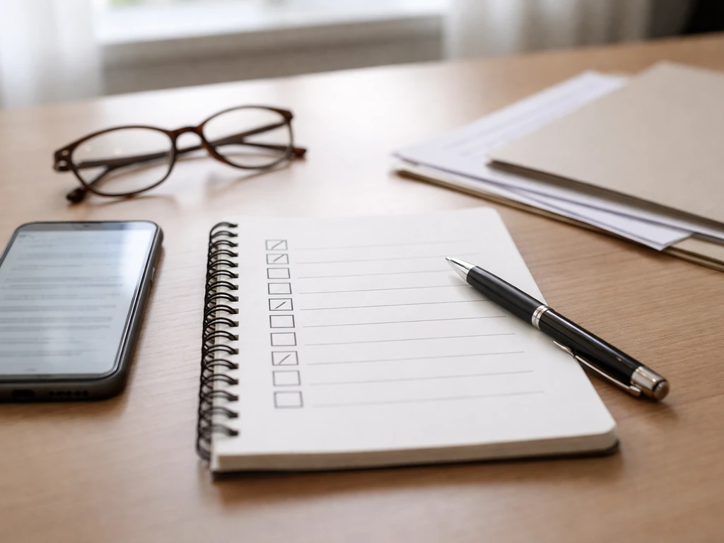 DIY desk scene with notebook checkboxes, pen, and smartphone suggesting how to verify an estimate.